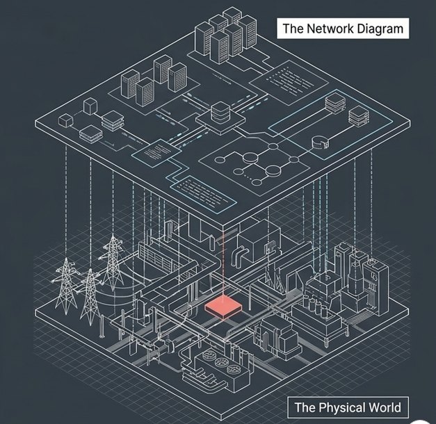 The network diagram, and below it the physical world it controls